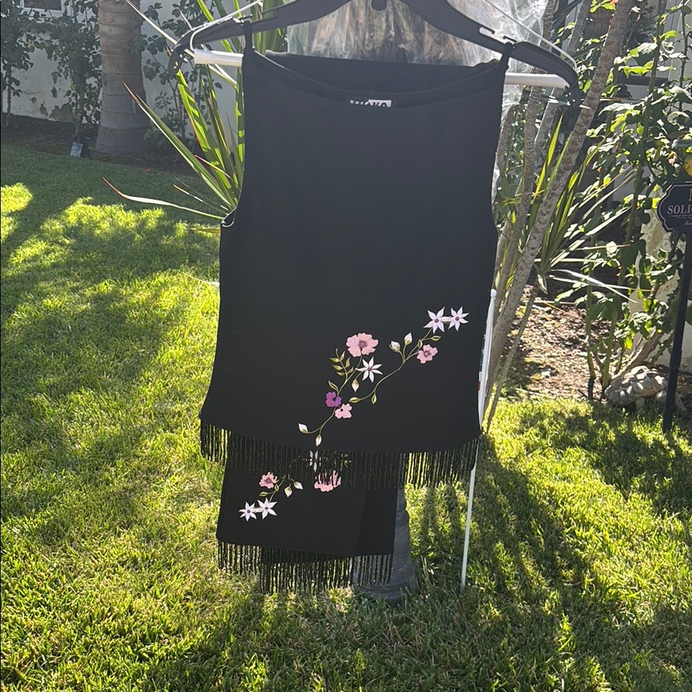 Vintage Black beaded fringed pants set with Floral Embroidery